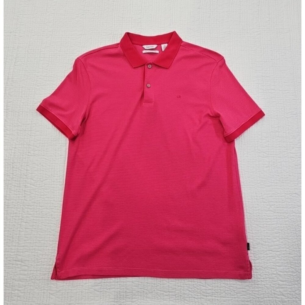 Calvin Klein The Liquid Touch Polo Men's Medium‎ Pink Red Stripe EUC LN Tennis